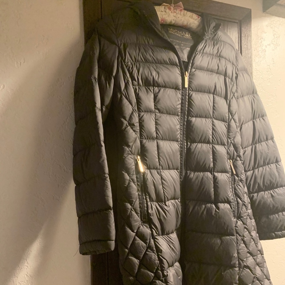 Michael Kors packable down dark grey long coat can